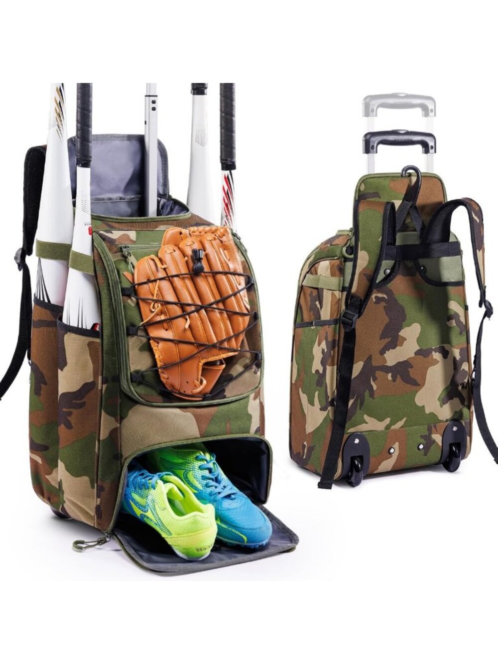 Rolling Baseball Backpack with Wheels, Large Capacity Softball Gear Bag, Shoe